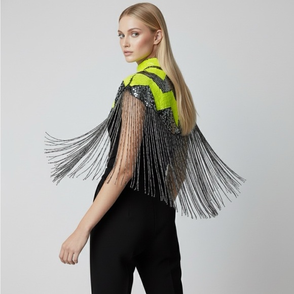 L'Jai Amor Tops - Neon Gunmetal Sequin Fringe Cape